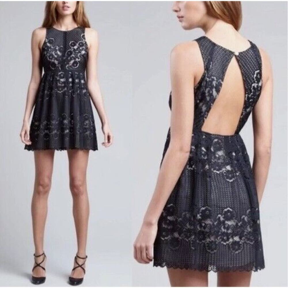 Free People Women's Chic Mini Black Rocco Dress Laced A line Open Back Sz 12